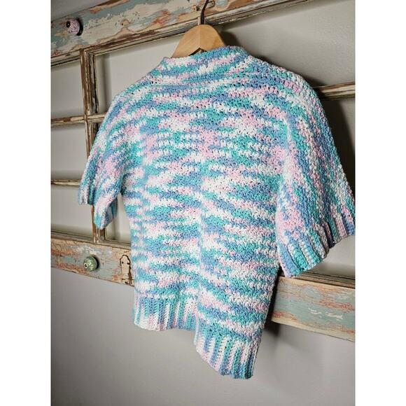 Vintage Crochet Lattice Split Collared Short Sleeve Sweater size Medium - Picture 7 of 8